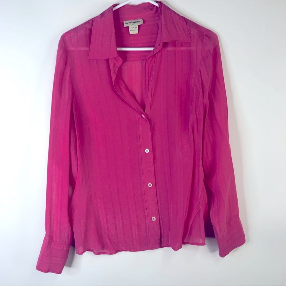 Banana Republic pink silk collared semi-sheer long sleeve button blouse L